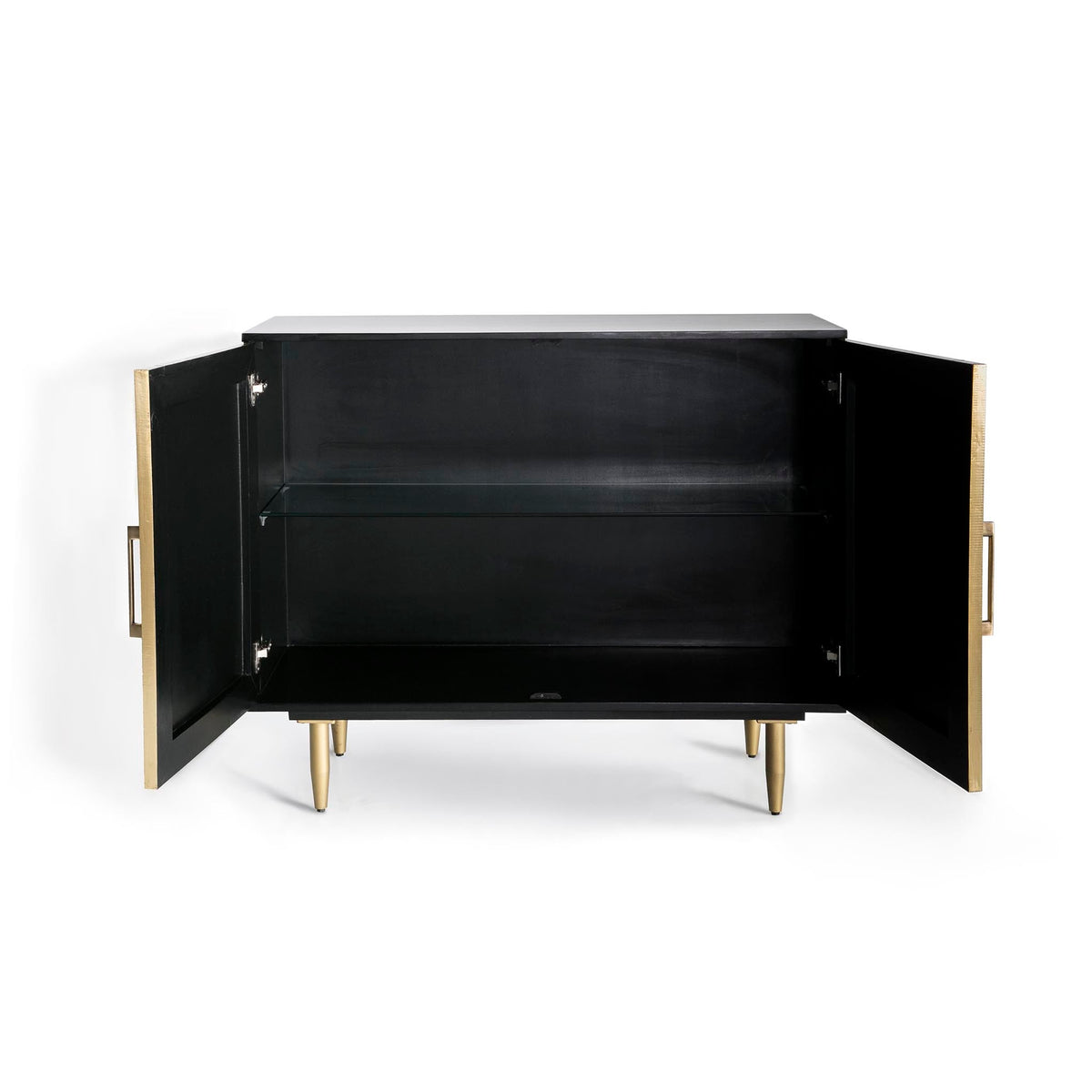 Kandla Gold Metal Cladded Sideboard with Iron Base - With doors open showing glass shelf