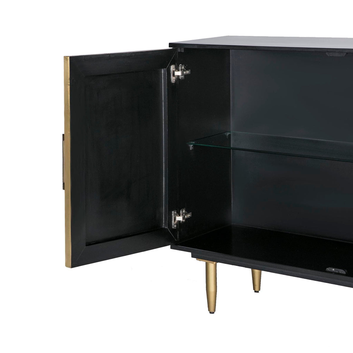 Kandla Gold Metal Cladded Sideboard with Iron Base - Showing glass shelf