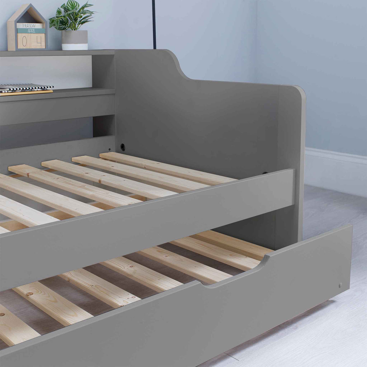 close up of the trundle on the Store and Sleep Grey Twin 3ft Bed Frame