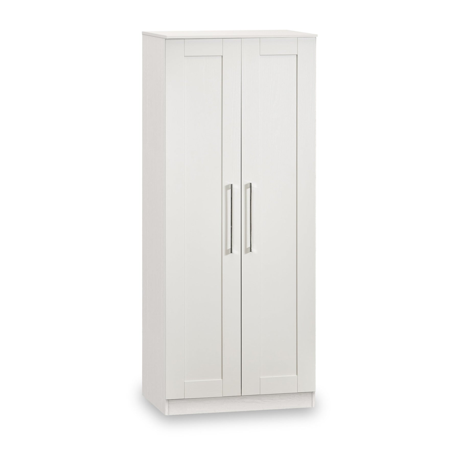 A white wardrobe with closed doors and metallic handles stands against a plain white background.