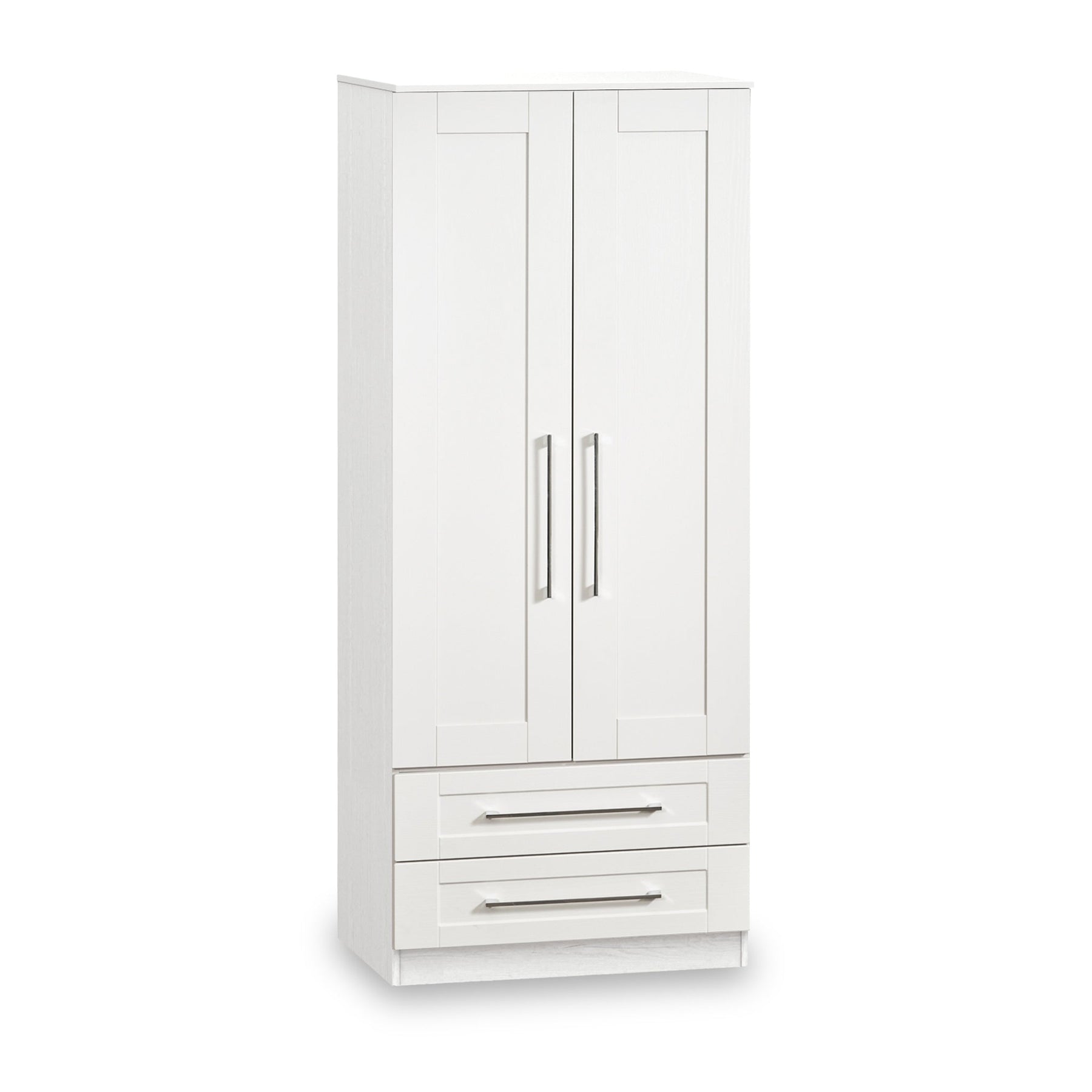 A white wooden wardrobe with two doors above and two drawers below, featuring metal handles, stands isolated against a white background.
