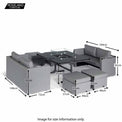 Sunbrella 8 Seater Cube Fire Pit BBQ Dining Set with 2 seater sofas and stools dimensions