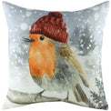 Festive Robin With Hat Polyester Cushion