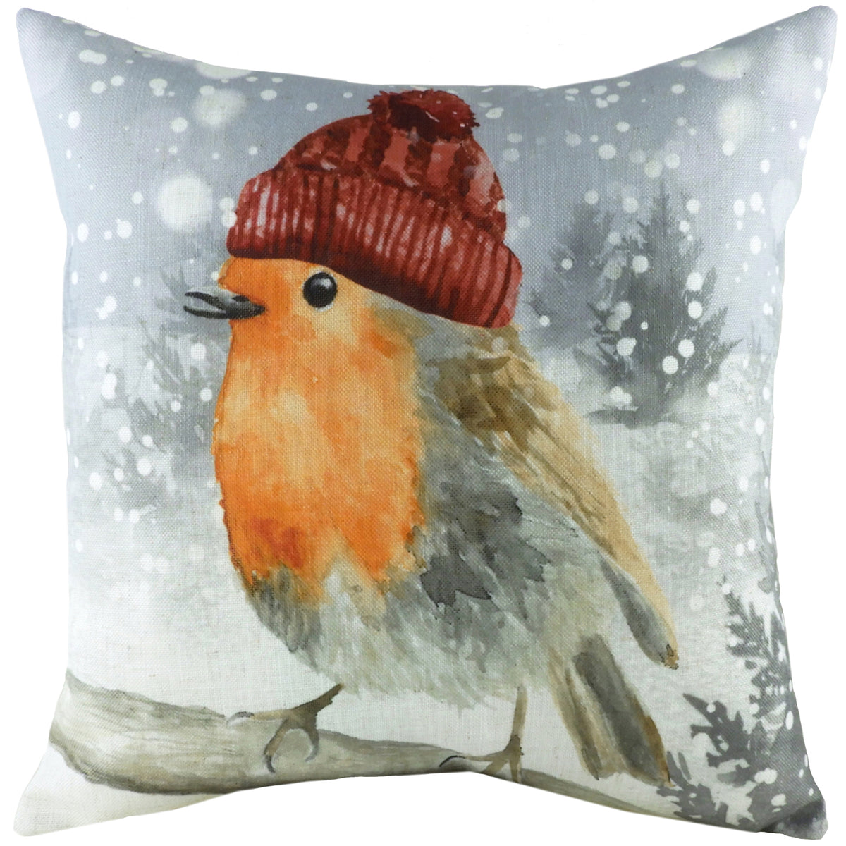 Festive Robin With Hat Polyester Cushion