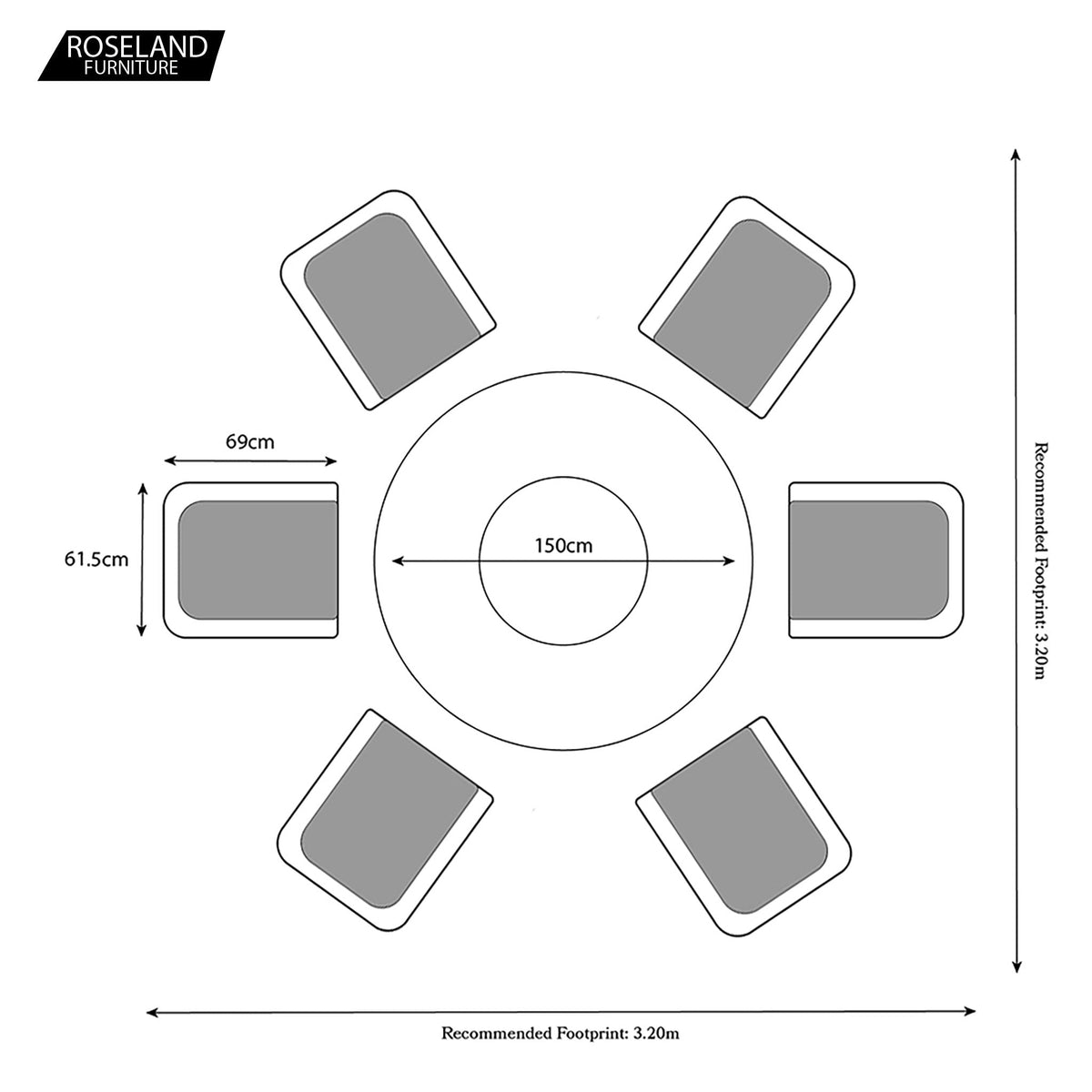 Sorrento Recliner 6 Seat Round Garden Dining Set with Lazy Susan Dimensions & Size Guide