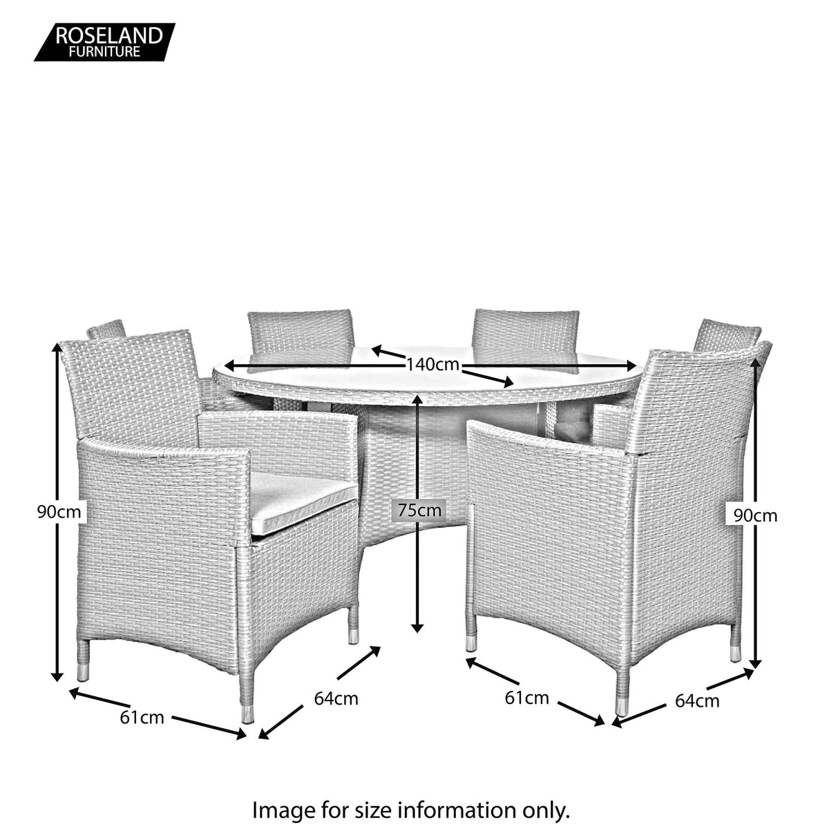 Vada 140cm 6 Seat Rattan Round Dining Set - Size Guide