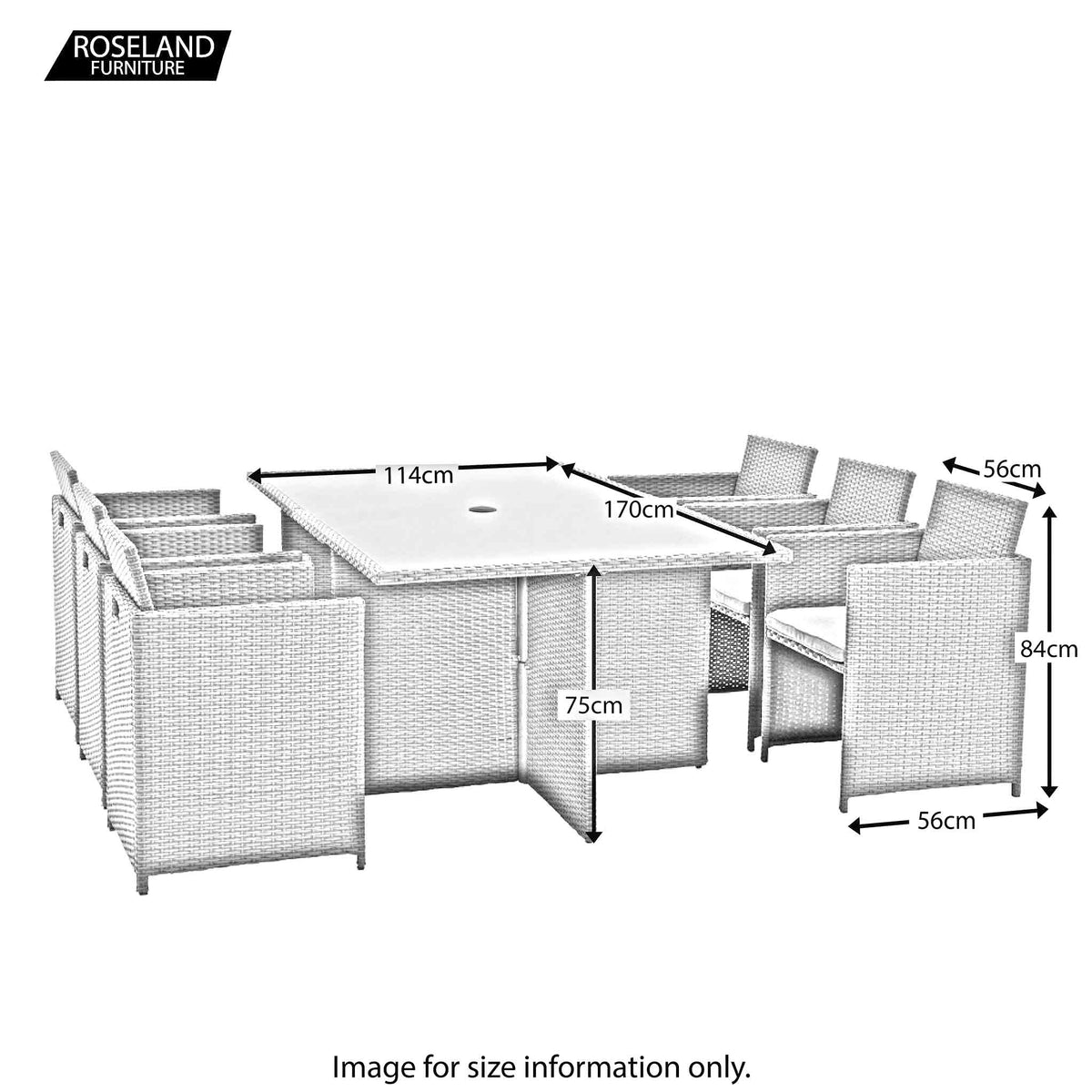 Vada Grey 6 Seat Rattan Cube Set - Size Guide