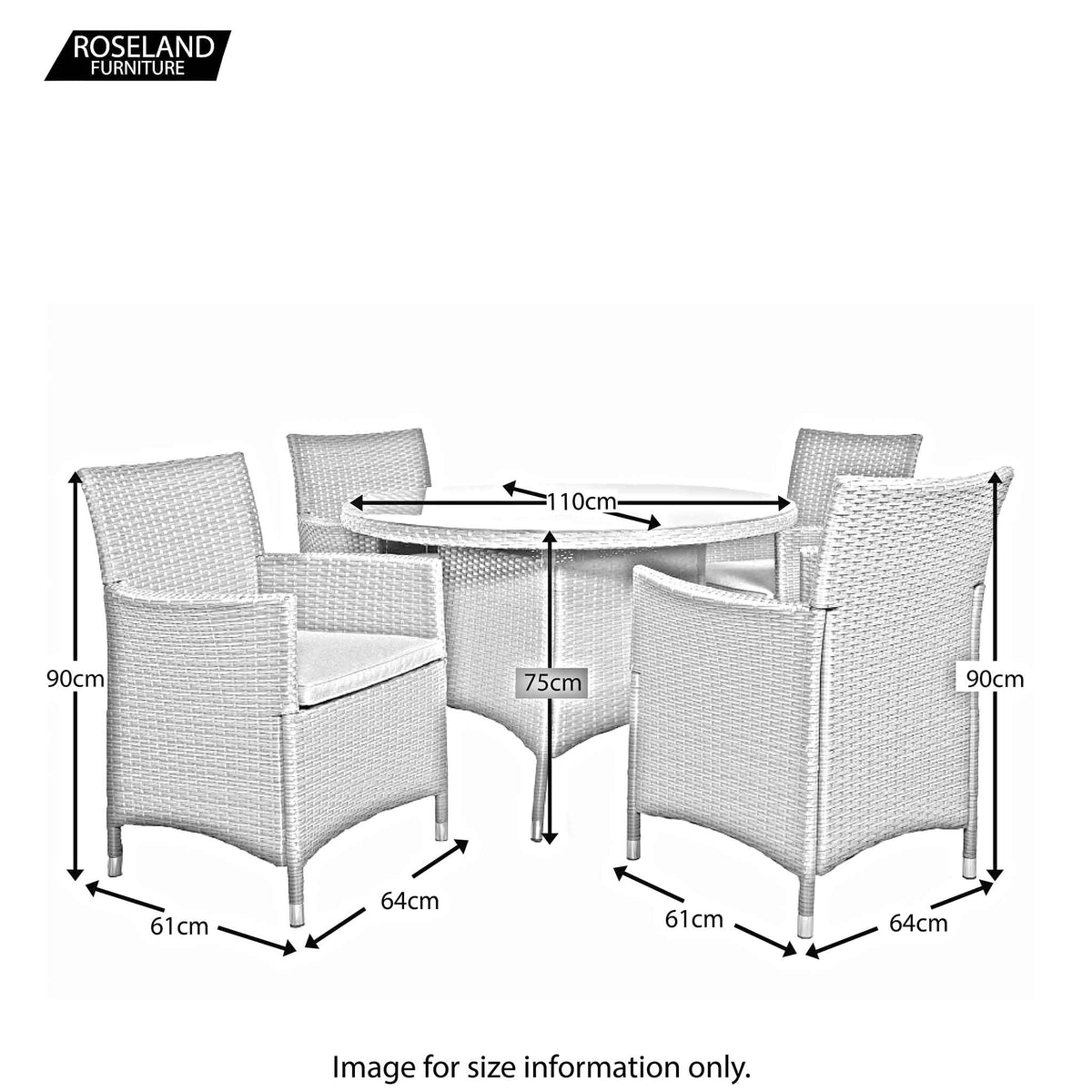 Vada 110cm 4 Seat Rattan Round Dining Set - Size Guide