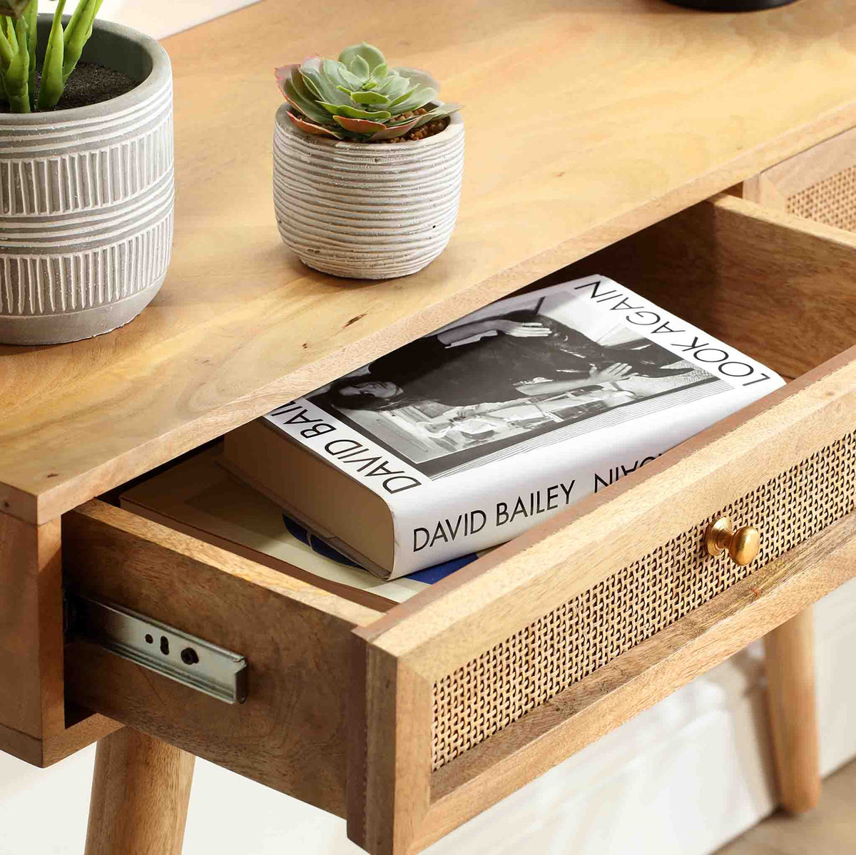 Venti Natural Mango Wood & Cane Console Table with Storage close up