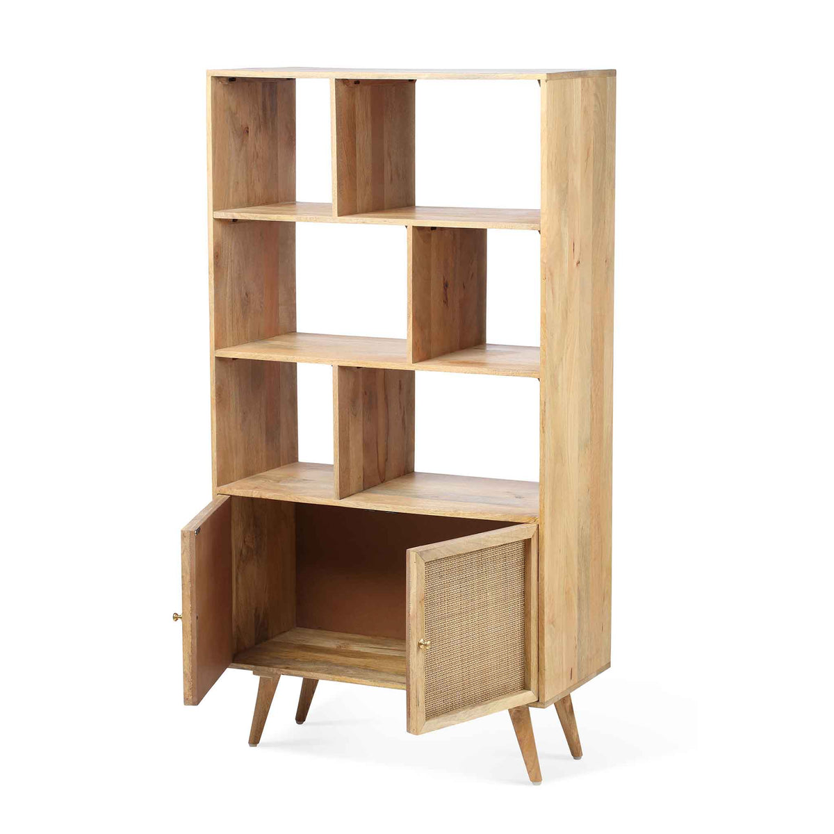 Venti Natural Mango Wood and Cane Large Bookcase Cabinet with Storage cupboard