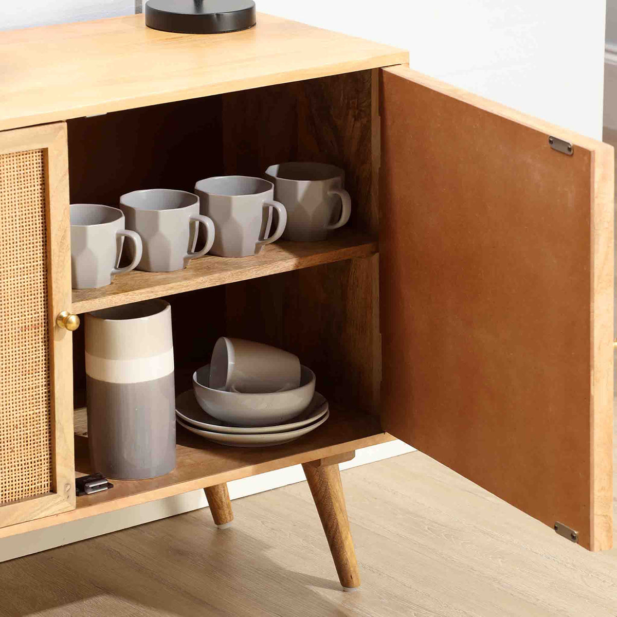 Venti Natural Mango Wood and Cane Large Sideboard Cabinet with shelves