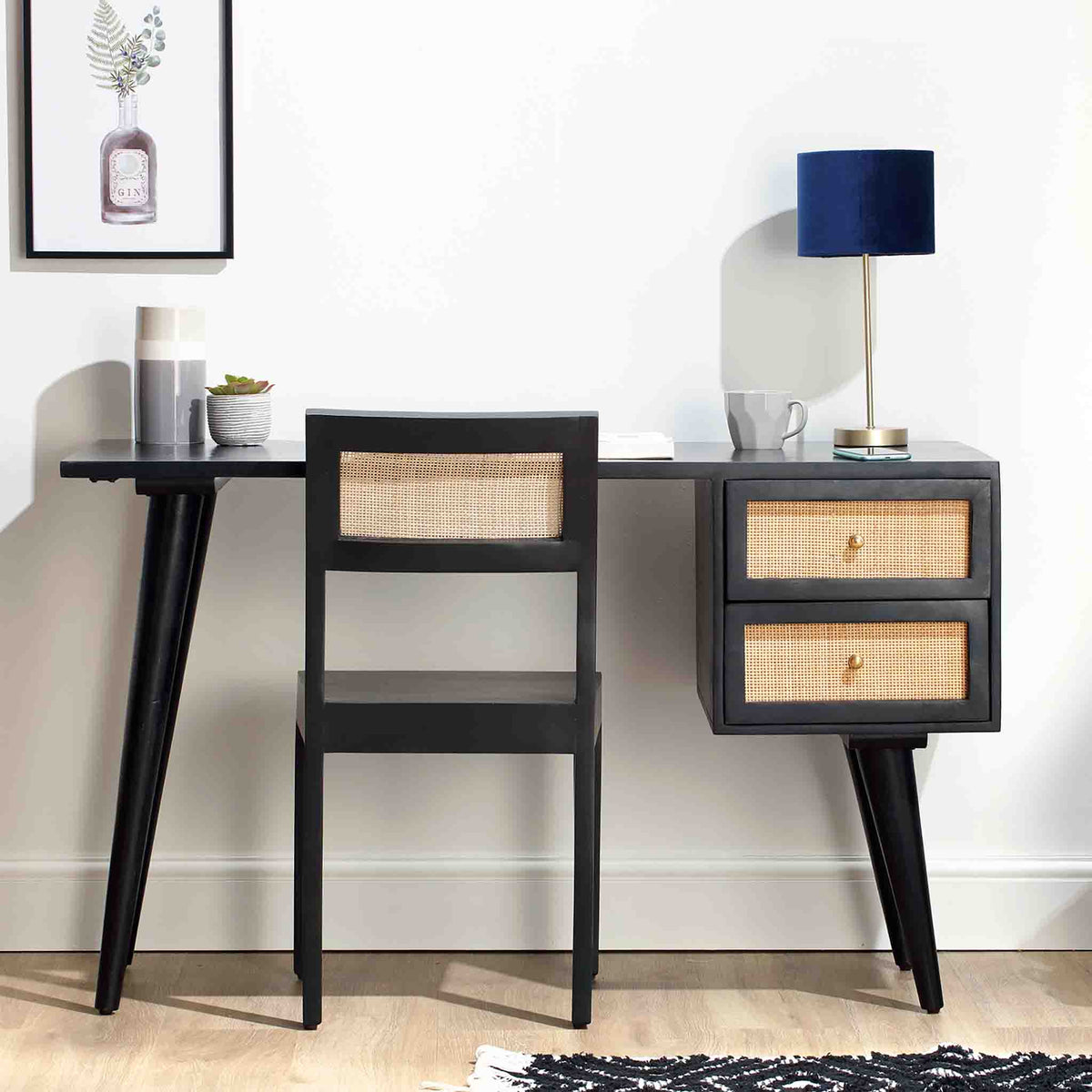 Venti Black Mango Wood & Cane Home Office Desk or Dressing Table Lifestyle