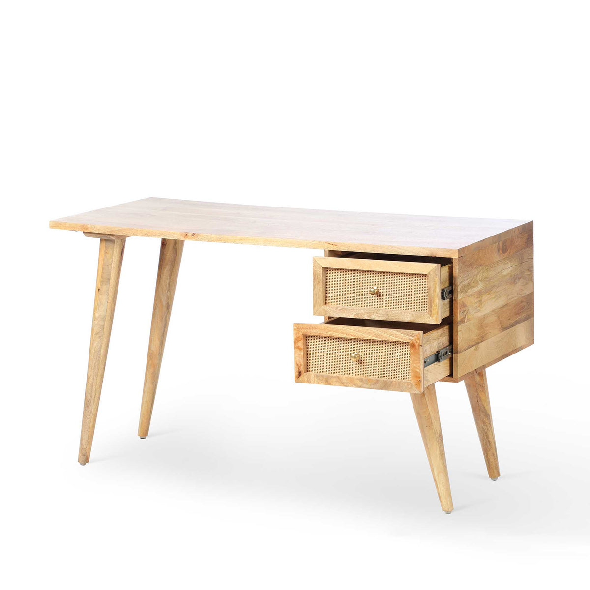 Venti Natural Mango Wood & Cane Home Office Desk or Dressing Table with 2 Storage Drawers