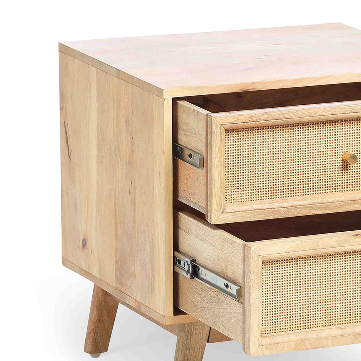 Venti Natural Solid Mango Wood & Cane Bedside Table Cabinet 