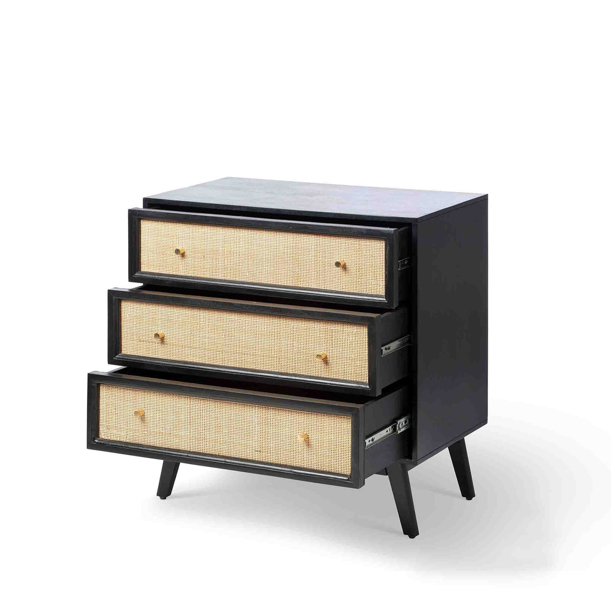 Venti Black Mango Wood & Cane Compact Chest of 3 Drawers