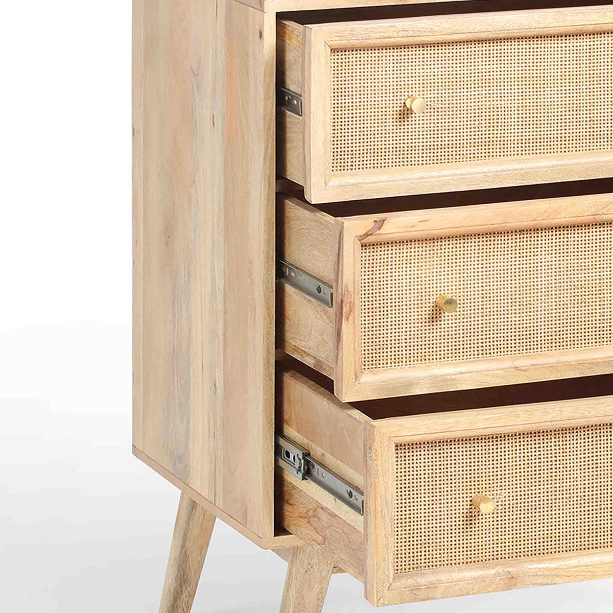 Venti Natural Mango Wood & Cane Compact 3 Drawer Chest on runners