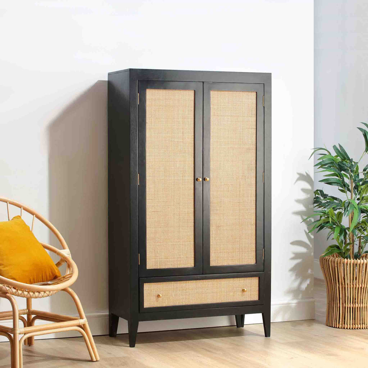 Venti black Mango Wood & Cane 2 Door Wardrobe with Drawer Lifestyle