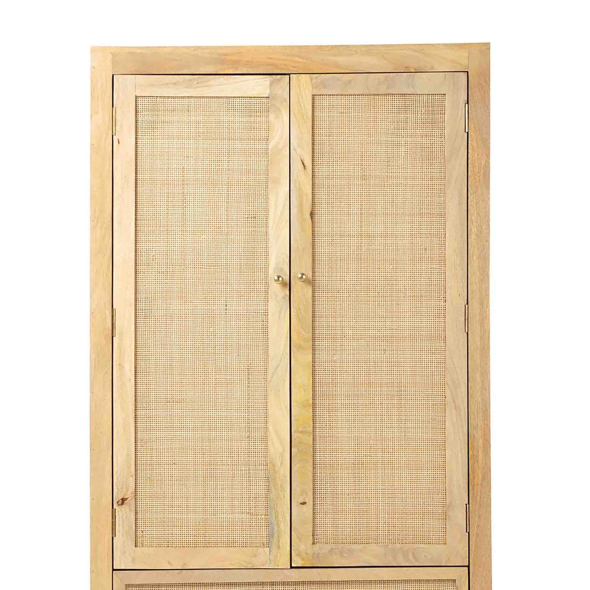 Venti Natural Solid Mango Wood & Cane 2 Door Wardrobe with Drawer