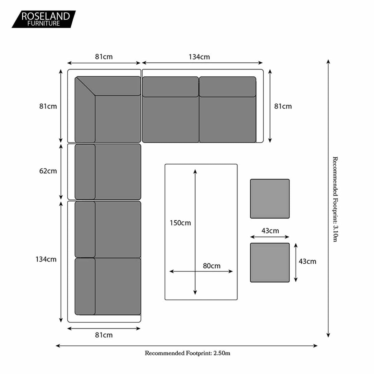 Wentworth Deluxe Rattan Corner Sofa Garden Lounge Set with Adjustable Table Dimensions & Size Guide