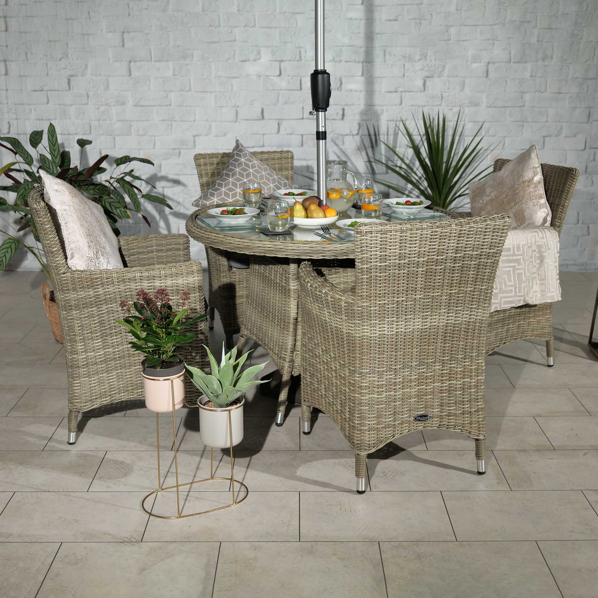 Wentworth 110cm 4 Seater Rattan Round Outdoor Dining Set Lifestyle Setting