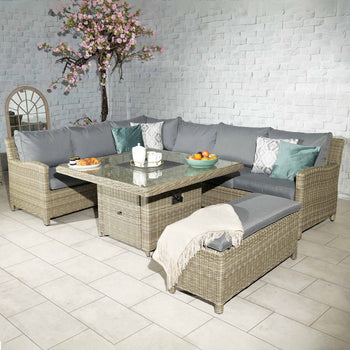 Wentworth 120cm Fire Pit Dine or Lounge Rattan Set with Bench