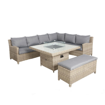 Wentworth 120cm Fire Pit Dine or Lounge Rattan Set with Bench