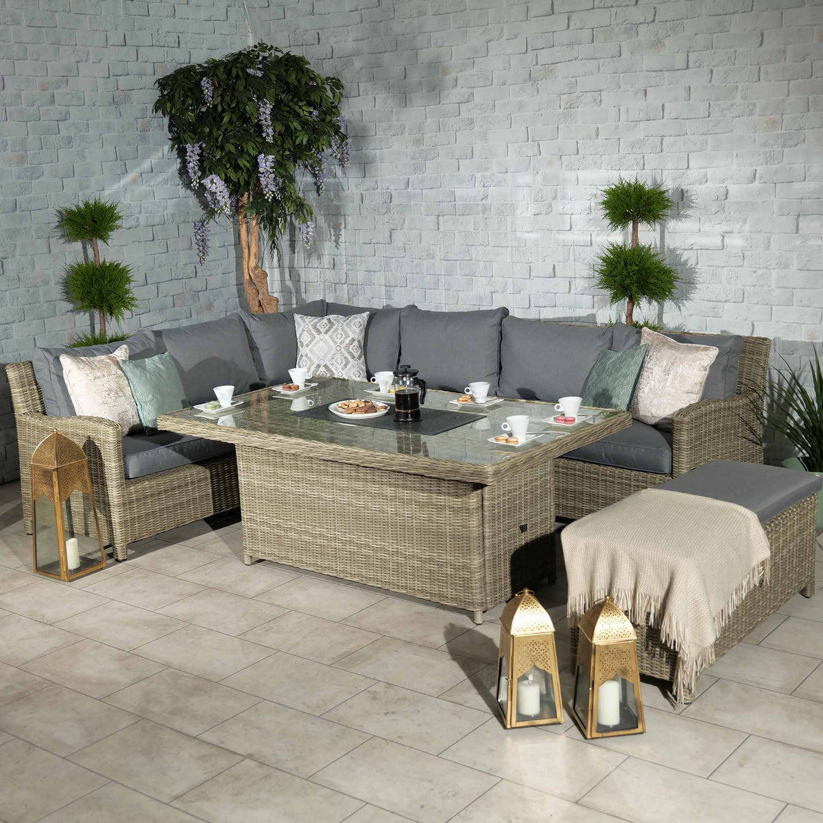 Wentworth Rattan 170cm Fire Pit Garden Dining Table & Lounge Set 