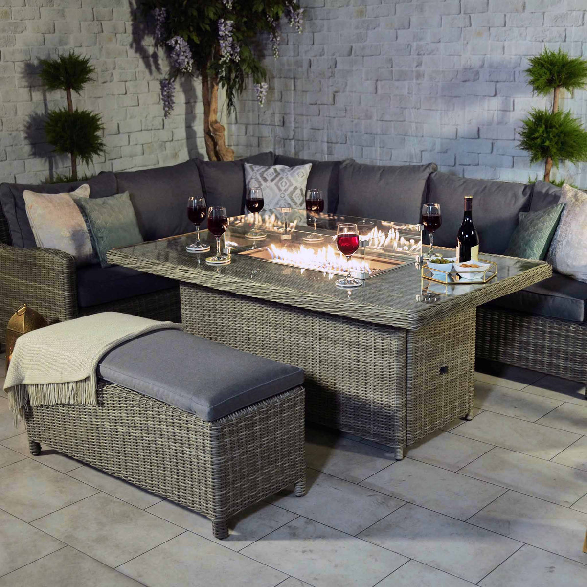 Wentworth Rattan 170cm Fire Pit Garden Dining Table & Lounge Set demonstration image