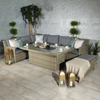 Wentworth 170cm Fire Pit Dine or Lounge Rattan Set with Bench