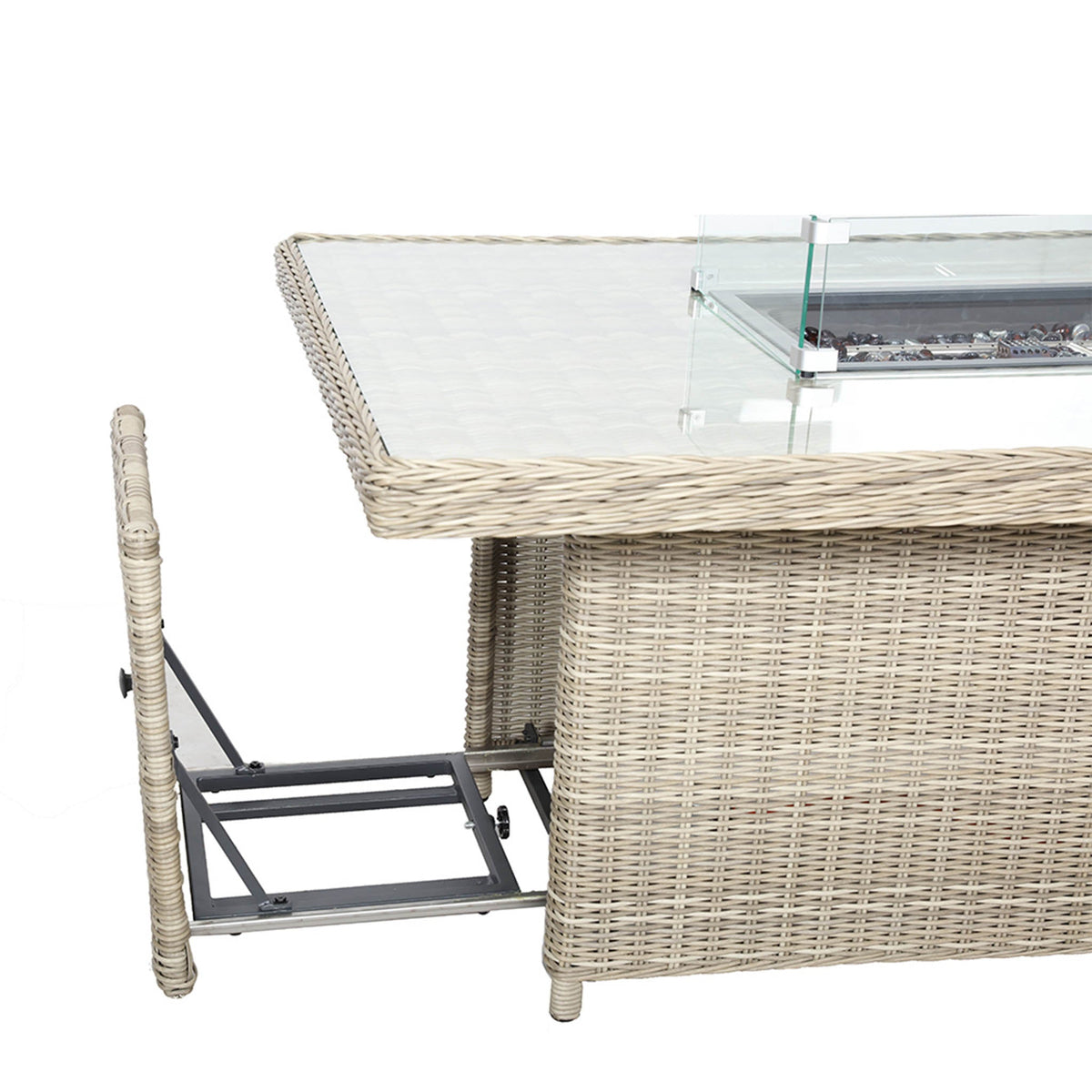 Wentworth Rattan 170cm Fire Pit Garden Dining Table & Lounge Set close up of under table gas compartment