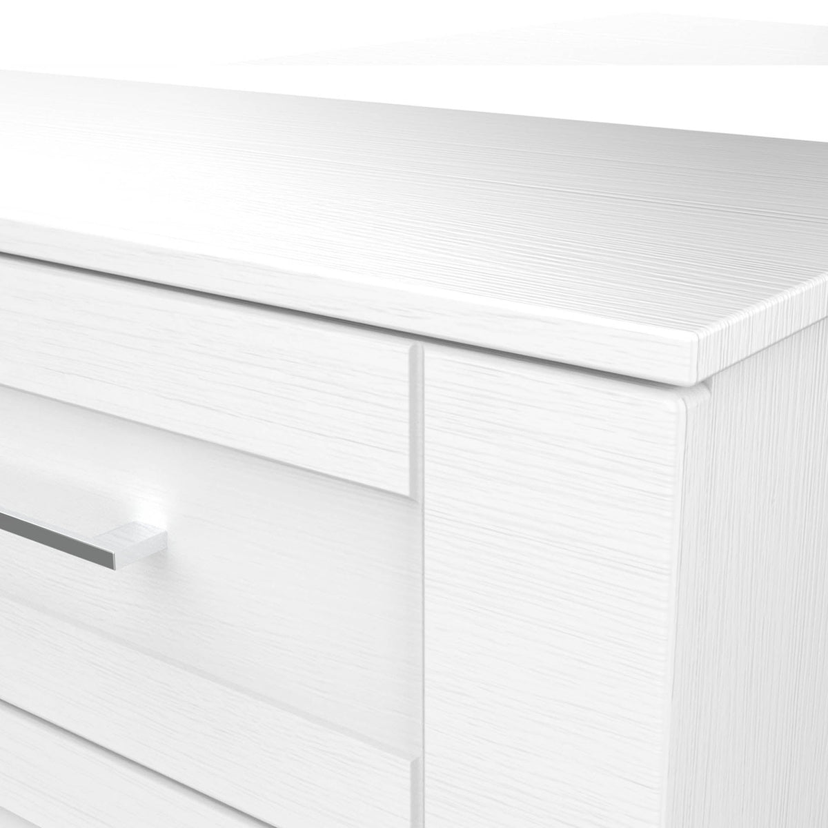 Bellamy White 4 Drawer low storage chest wood grain close up