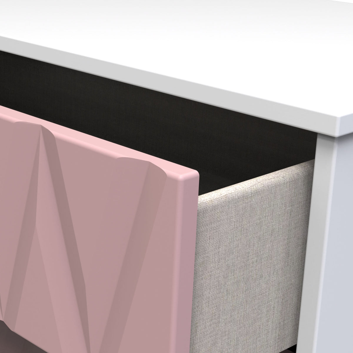 A pink geometric-patterned panel sits adjacent to a textured grey chair, near a desk with a white top against a dark background.