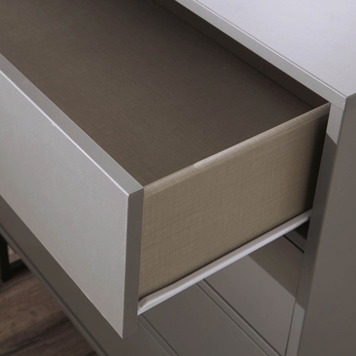 Hudson Grey 1 Drawer with Shelf Side Table with black legs  drawer close up
