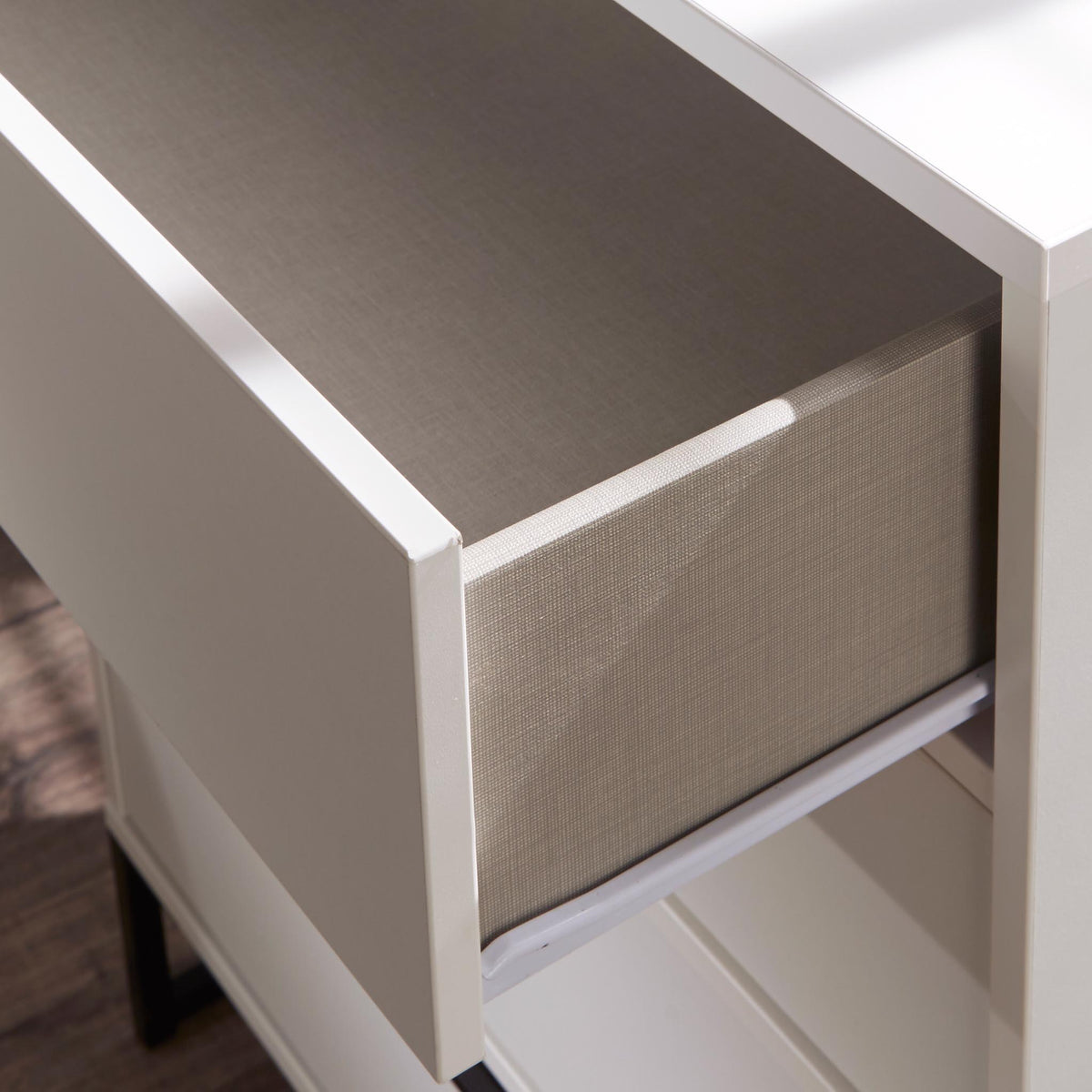 Hudson White 1 Drawer with Shelf Side Table with black legs drawer close up